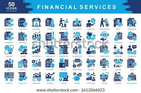 The Financial Services icon set defines key drivers of financial success such as investment, risk assessment, and capital growth, ideal for fintech apps, advisory platforms, and economic planning.