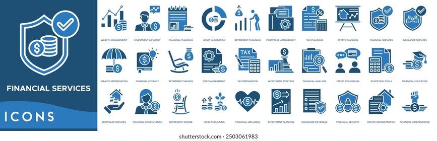 Financial services icon. Wealth Management, Investment Advisory, Financial Planning, Asset Allocation and Retirement Planning