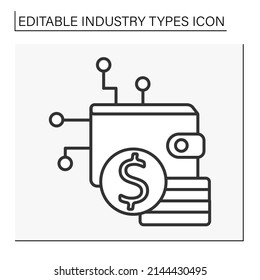  Financial Services Industry Line Icon. Cryptocurrency And Digital Wallet. Banks, Credit-card And Insurance Companies.Business Concept. Isolated Vector Illustration. Editable Stroke