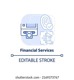 Los servicios financieros son un icono de concepto azul claro. Ilustración de línea delgada de idea abstracta con tecnología biométrica. Pagos. Dibujo de contorno aislado. Trazo editable. Fuentes Arial, Myriad Pro-Bold utilizadas