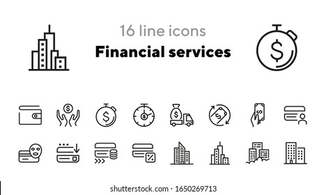 Financial services line icon set. Credit card, office building, money, cash, wallet. Finance concept. Can be used for topics like banking, cashback, payment