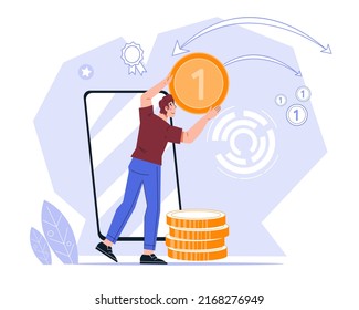 Servicios financieros transacciones móviles y operaciones bancarias en línea, procesamiento de pagos y cambio de divisas, aplicación para intermediarios o comerciantes, ilustración vectorial de dibujos animados planos aislados en fondo blanco.