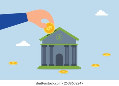 Financial services offered by an investment bank include investment advice, a businessman placing a dollar coin on the investment bank. 