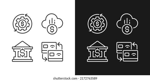 Iconos lineales perfectos para píxeles de servicios financieros ajustados para el modo oscuro y claro. Gestión del dinero. Transferencia de tarjetas. Pago en la nube. Símbolos delgados para la noche, tema del día. Ilustraciones aisladas. Trazo editable