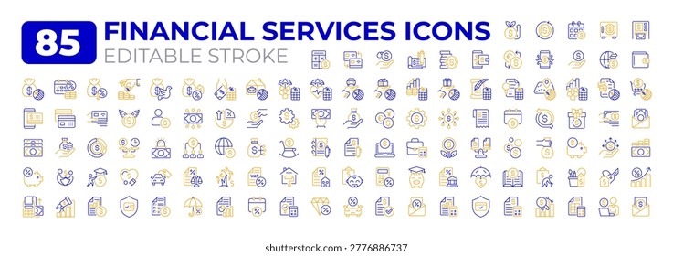 Financial services two color two color line icons big set. Money management. Commercial activity planning bicolor outline mega pack isolated, pixel perfect. Duotone thin lineart. Editable stroke