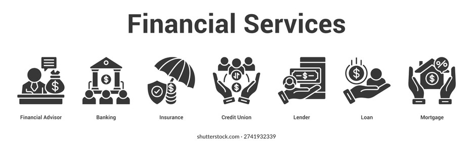 Financial Services web banner icon set vector illustration concept for business with icon of Financial Advisor, Banking, Insurance, Credit Union, Lend.