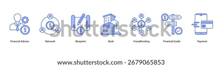 Financial Services web banner vector illustration featuring Financial Advisor, Network, Blueprint, Bank, Crowdfunding, Financial Guide, and Payment.