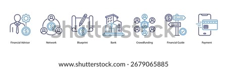 Financial Services web banner vector illustration featuring Financial Advisor, Network, Blueprint, Bank, Crowdfunding, Financial Guide, and Payment.