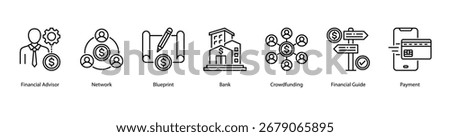 Financial Services web banner vector illustration featuring Financial Advisor, Network, Blueprint, Bank, Crowdfunding, Financial Guide, and Payment.