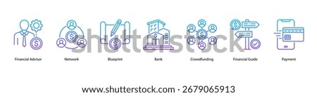 Financial Services web banner vector illustration featuring Financial Advisor, Network, Blueprint, Bank, Crowdfunding, Financial Guide, and Payment.