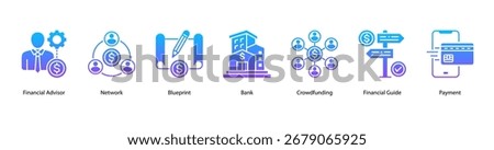 Financial Services web banner vector illustration featuring Financial Advisor, Network, Blueprint, Bank, Crowdfunding, Financial Guide, and Payment.