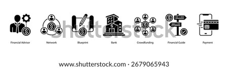 Financial Services web banner vector illustration featuring Financial Advisor, Network, Blueprint, Bank, Crowdfunding, Financial Guide, and Payment.