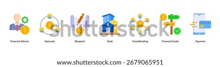 Financial Services web banner vector illustration featuring Financial Advisor, Network, Blueprint, Bank, Crowdfunding, Financial Guide, and Payment.