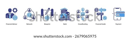 Financial Services web banner vector illustration featuring Financial Advisor, Network, Blueprint, Bank, Crowdfunding, Financial Guide, and Payment.