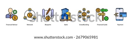 Financial Services web banner vector illustration featuring Financial Advisor, Network, Blueprint, Bank, Crowdfunding, Financial Guide, and Payment.