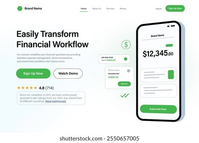 Diseño de interfaz de usuario de Sitio web de servicios financieros, sección de encabezado y héroe, sección superior con maqueta y gráficos para teléfonos inteligentes