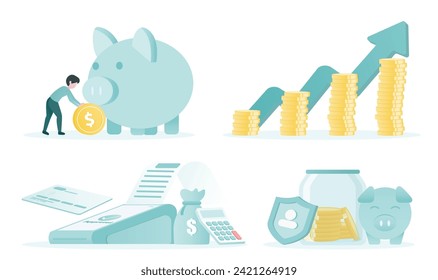 Concepto de colección de conjuntos financieros. Ahorro de dinero, inversión en crecimiento, pago fácil, transferencia de dinero, gestión financiera, almacenamiento seguro. Ilustración de diseño de vector plano.