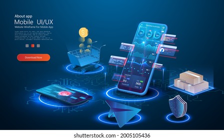 A financial set isometric elements. Mobile payments. Cryptocurrency exchange market. Financial analytics, airplane, stock trading, shopping cart, bank card, coins, boxes. Isometric vector illustration