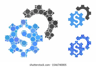 Financial settings composition of filled circles in different sizes and shades, based on financial settings icon. Vector filled circles are united into blue collage.