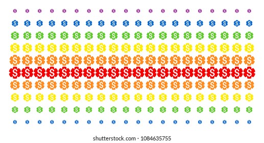 Financial Settings Gear icon spectral halftone pattern. Vector items arranged into halftone matrix with vertical spectrum gradient. Designed for backgrounds, covers,