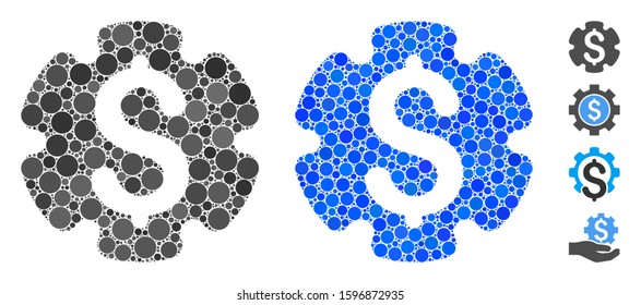 Financial settings gear mosaic of round dots in various sizes and color tones, based on financial settings gear icon. Vector round dots are combined into blue mosaic.
