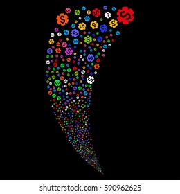 Financial Settings Gear random fireworks stream. Vector illustration style is flat bright multicolored iconic symbols on a black background. Object fountain created from scattered symbols.