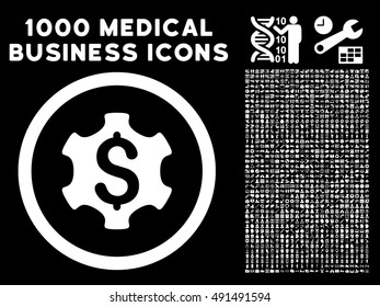 Financial Settings icon with 1000 medical commercial white vector pictographs. Design style is flat symbols, black background.