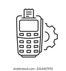 Configuración financiera en el icono de línea POS. Pictograma lineal de pago bancario de dinero. Símbolo de esquema de opciones de terminal bancaria. Financiar el equipo móvil electrónico. Stroke editable. Ilustración de vectores aislados.