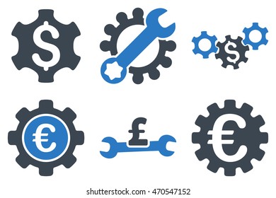 Financial Settings vector icons. Icon style is bicolor smooth blue flat symbols with rounded angles on a white background.