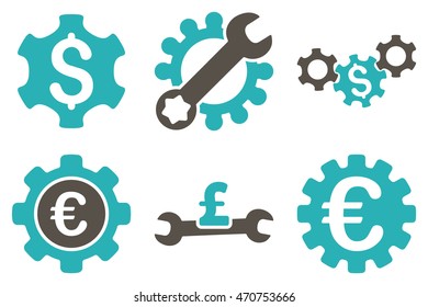 Financial Settings vector icons. Pictogram style is bicolor grey and cyan flat icons with rounded angles on a white background.