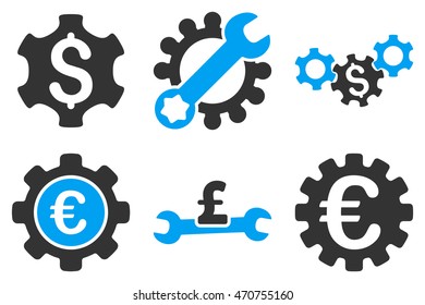 Financial Settings vector icons. Pictogram style is bicolor blue and gray flat icons with rounded angles on a white background.