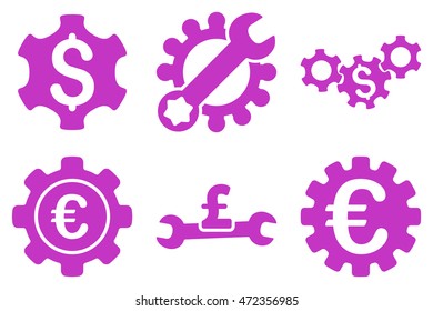 Financial Settings vector icons. Pictogram style is violet flat icons with rounded angles on a white background.