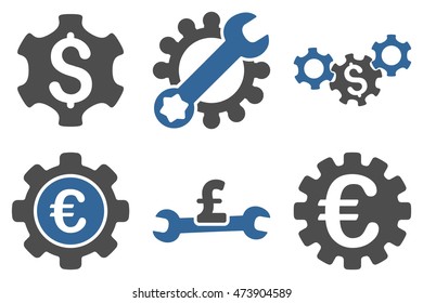 Financial Settings vector icons. Pictogram style is bicolor cobalt and gray flat icons with rounded angles on a white background.