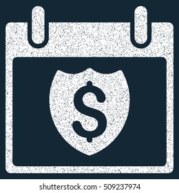 Financial Shield Calendar Day grainy textured icon for overlay watermark stamps. Flat symbol with dust texture. Dotted vector white ink rubber seal stamp with grunge design on a dark blue background.