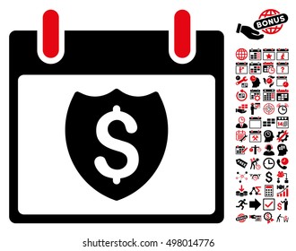 Financial Shield Calendar Day icon with bonus calendar and time management clip art. Vector illustration style is flat iconic symbols, intensive red and black, white background.