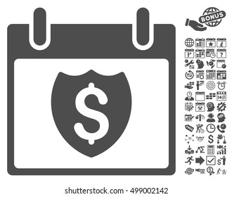 Financial Shield Calendar Day icon with bonus calendar and time management images. Vector illustration style is flat iconic symbols, gray, white background.