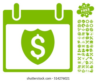 Financial Shield Calendar Day icon with bonus tools design elements. Vector illustration style is flat iconic symbols, eco green, white background.