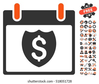 Financial Shield Calendar Day icon with bonus setup tools symbols. Vector illustration style is flat iconic symbols, orange and gray, white background.