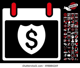 Financial Shield Calendar Day pictograph with bonus calendar and time management symbols. Vector illustration style is flat iconic symbols, red and white, black background.