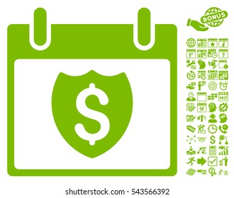 Financial Shield Calendar Day pictograph with bonus calendar and time management design elements. Vector illustration style is flat iconic symbols, eco green, white background.