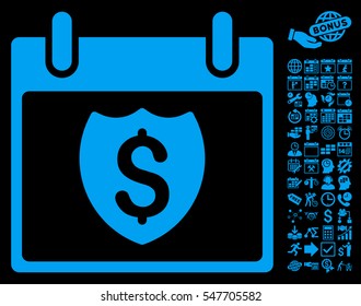 Financial Shield Calendar Day pictograph with bonus calendar and time management clip art. Vector illustration style is flat iconic symbols, blue, black background.