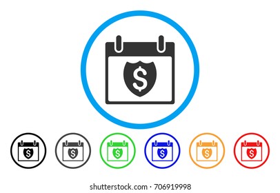 Financial Shield Calendar Day vector rounded icon. Image style is a flat gray icon symbol inside a blue circle. Additional color versions are gray, black, blue, green, red, orange.