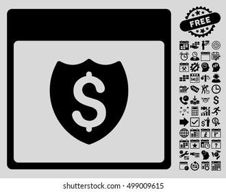 Financial Shield Calendar Page pictograph with bonus calendar and time management symbols. Vector illustration style is flat iconic symbols, black, light gray background.
