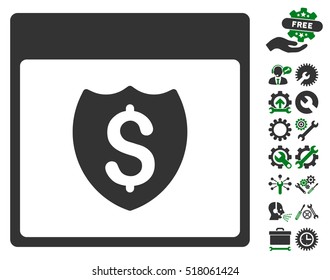 Financial Shield Calendar Page pictograph with bonus tools clip art. Vector illustration style is flat iconic symbols, green and gray, white background.