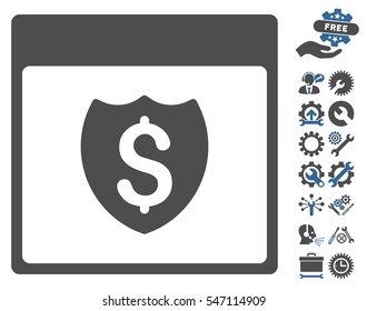 Financial Shield Calendar Page pictograph with bonus configuration graphic icons. Vector illustration style is flat iconic symbols, cobalt and gray, white background.