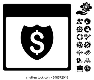 Financial Shield Calendar Page pictograph with bonus service pictures. Vector illustration style is flat iconic symbols, black, white background.