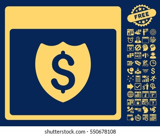 Financial Shield Calendar Page pictograph with bonus calendar and time management pictograms. Vector illustration style is flat iconic symbols, yellow, blue background.