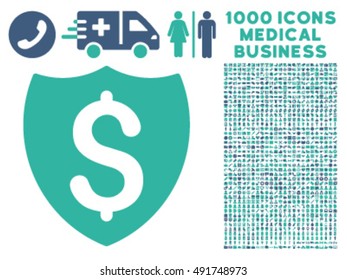 Financial Shield icon with 1000 medical commerce cobalt and cyan vector pictographs. Collection style is flat bicolor symbols, white background.