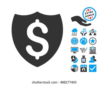 Financial Shield icon with bonus images. Vector illustration style is flat iconic bicolor symbols, blue and gray colors, white background.