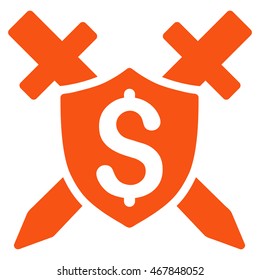 Financial Shield icon. Vector style is flat iconic symbol with rounded angles, orange color, white background.